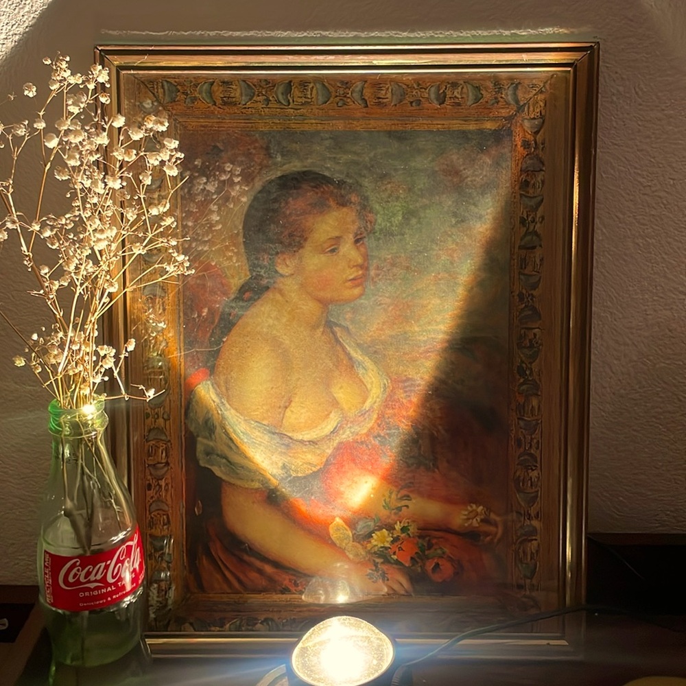 Vintage Framed Art Woman with Flowers